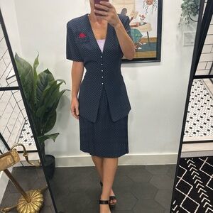 Navy Polka Dot Skirt Suit with Red Accent